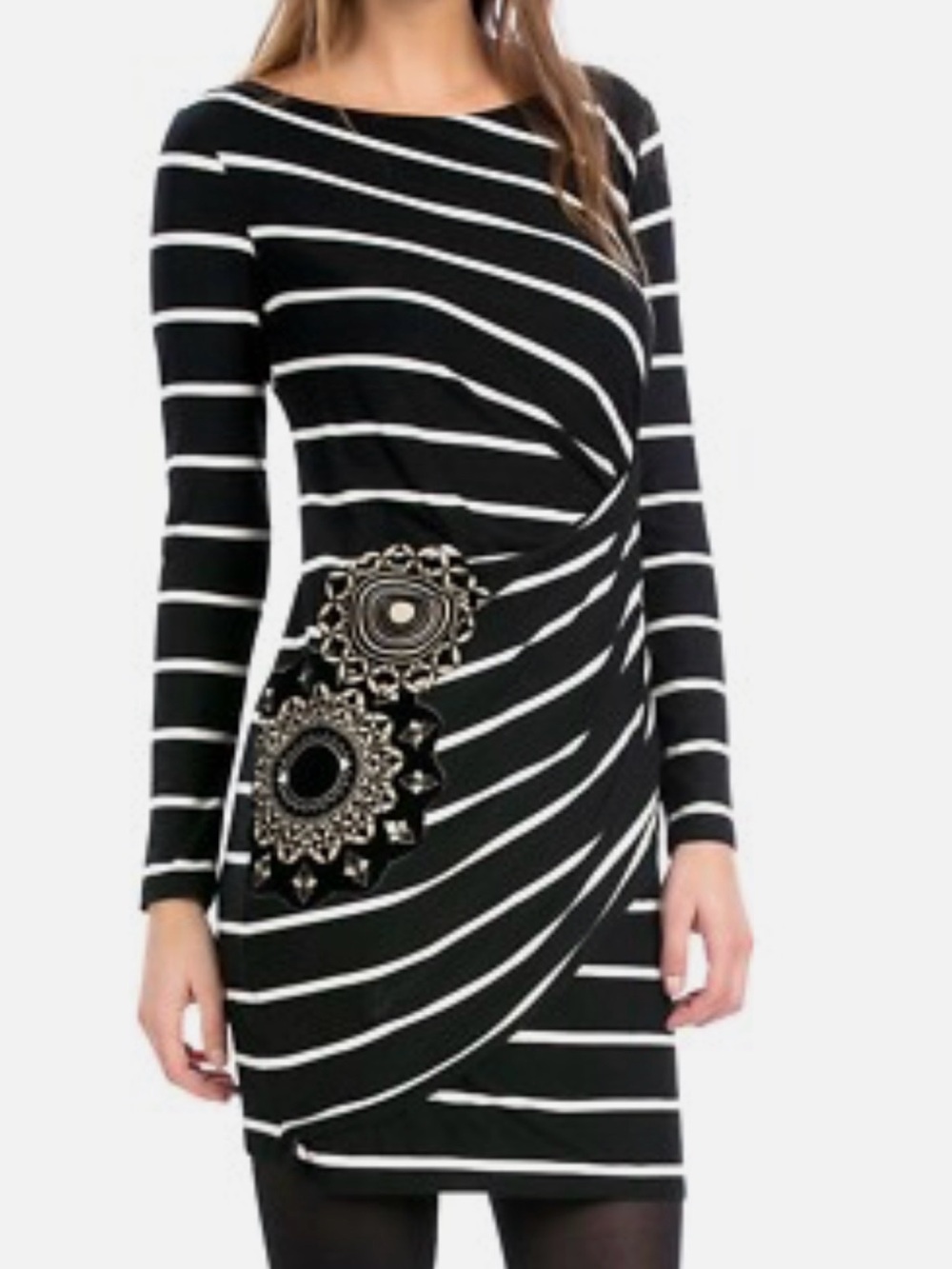 Black & White Striped Long-Sleeve Twist Dress with Embellished Detail